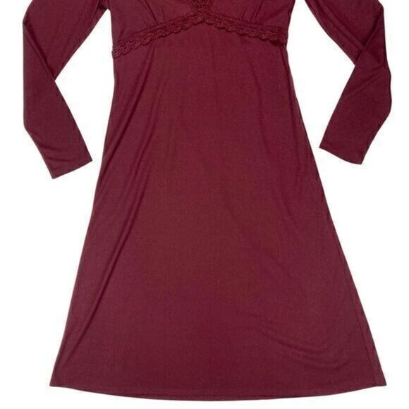 Loft Dress Womens Size 4 Burgundy Lace Trim Babydoll Elastic Empire Waist Midi - Picture 3 of 13